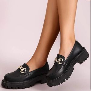 Black Loafers With Gold Chain Detail